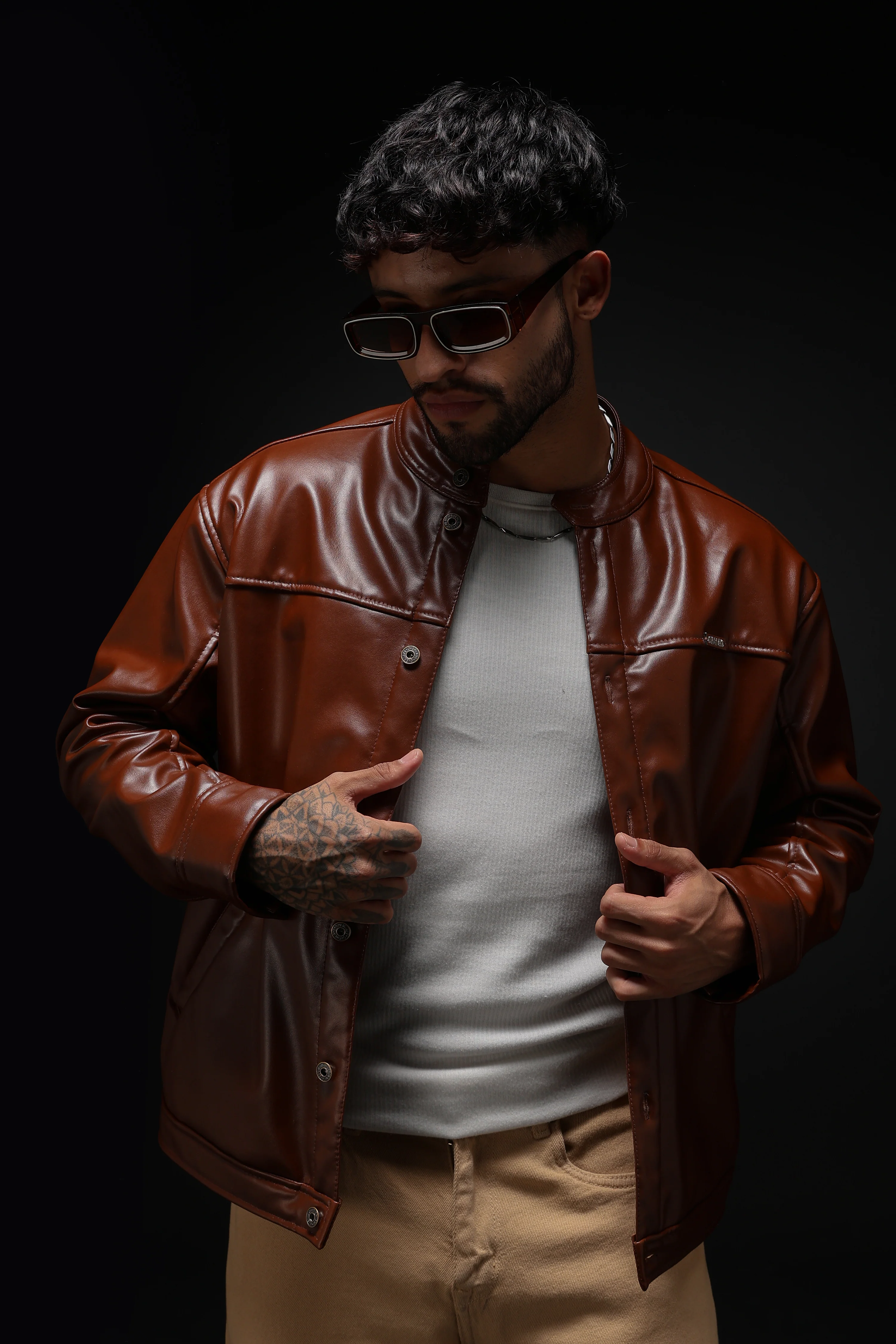 TAN MILER FAUX LEATHER JACKET - Image 12